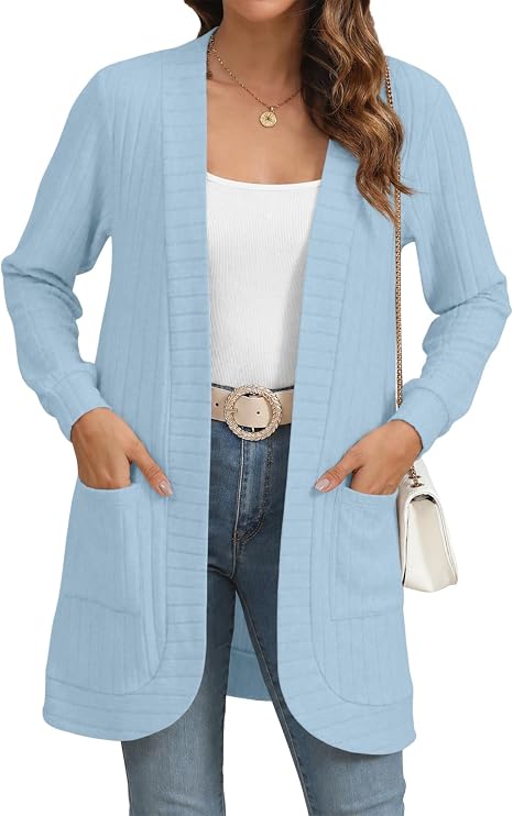 Women's Lightweight Long Open Front Ribbed Cardigan with Pockets