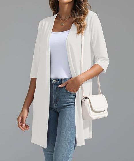 Women's White 3/4 Sleeve Open Front Long Cardigan