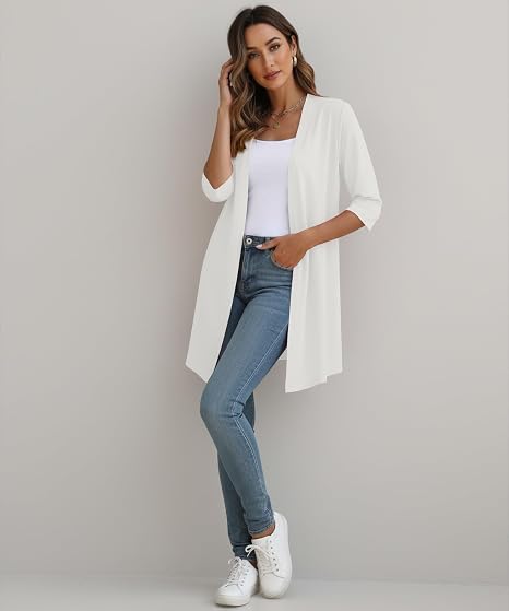 Women's White 3/4 Sleeve Open Front Long Cardigan