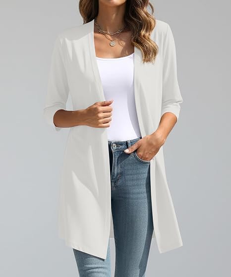 Women's White 3/4 Sleeve Open Front Long Cardigan
