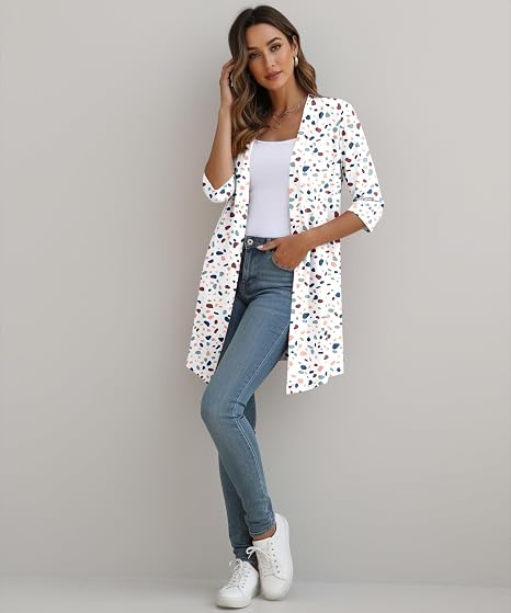 Women's Lightweight 3/4 Sleeve Open Front Spotted Print Cardigan