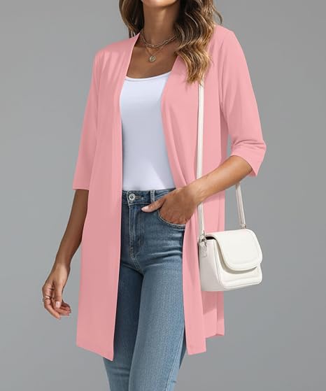 Women's Pink 3/4 Sleeve Open Front Long Cardigan