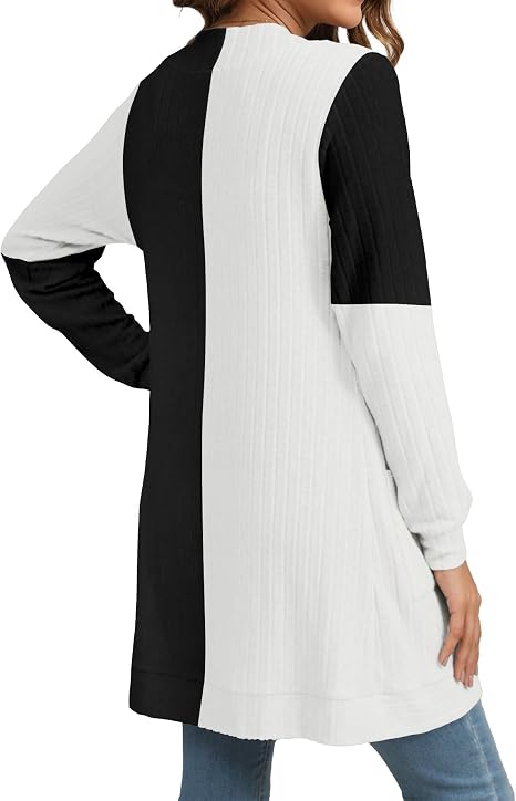 Women's Lightweight Long Open Front Color Block Cardigan with Pockets