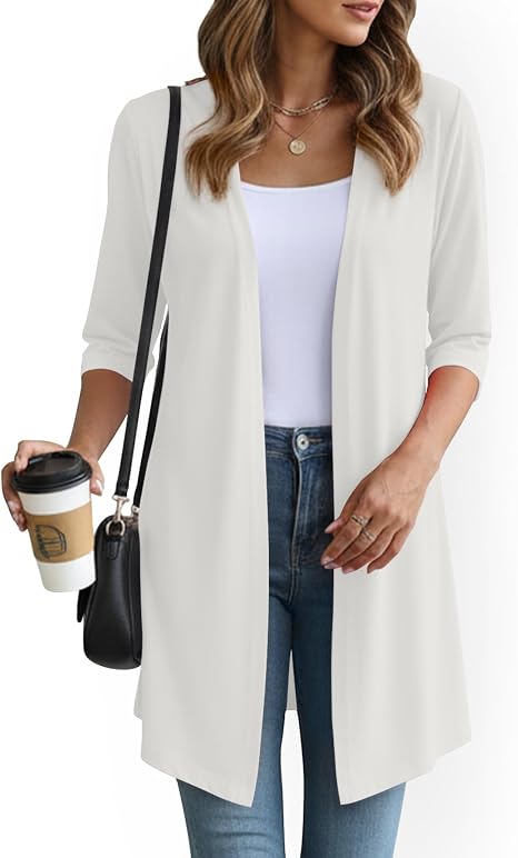 Women's White 3/4 Sleeve Open Front Long Cardigan