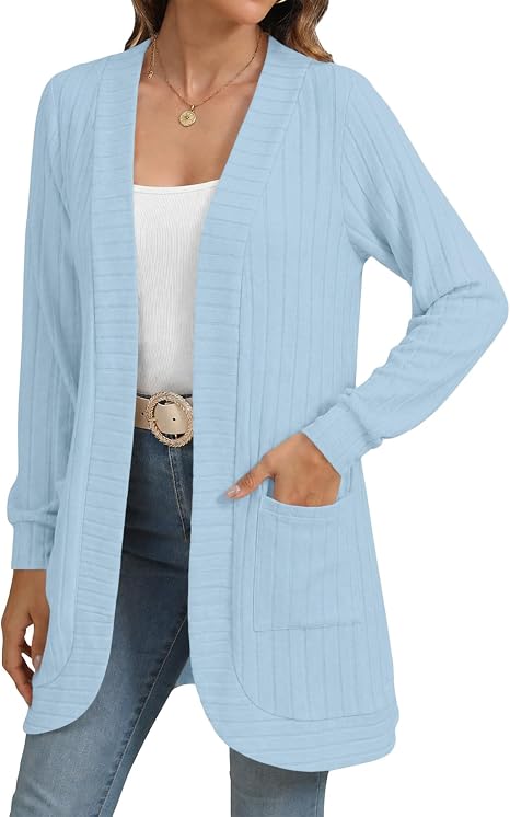Women's Lightweight Long Open Front Ribbed Cardigan with Pockets