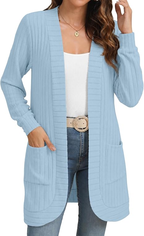 Women's Lightweight Long Open Front Ribbed Cardigan with Pockets