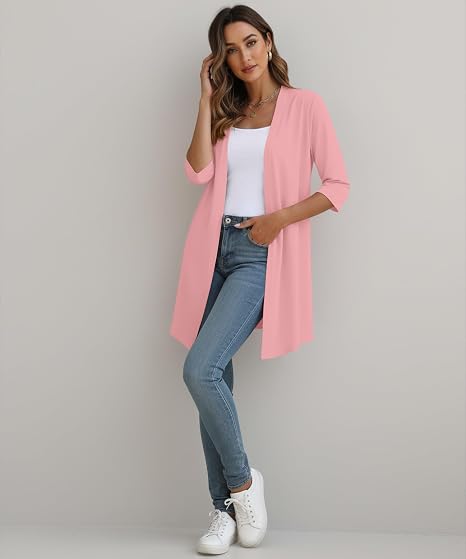 Women's Pink 3/4 Sleeve Open Front Long Cardigan