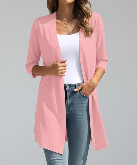 Women's Pink 3/4 Sleeve Open Front Long Cardigan