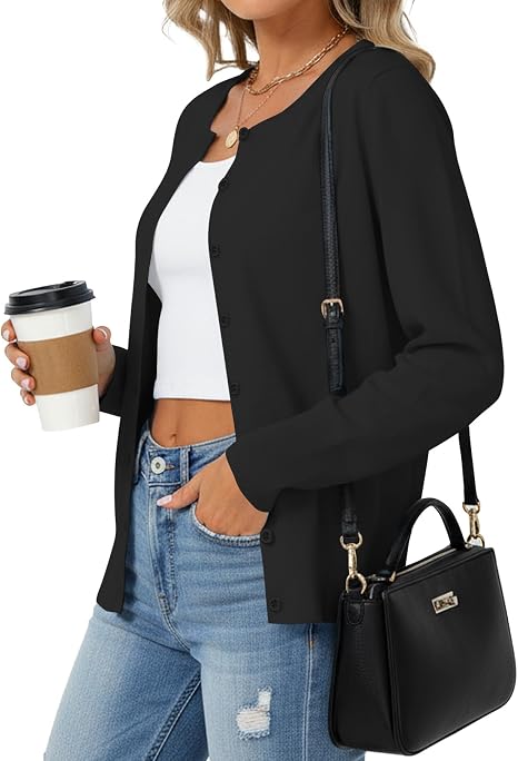 Women's Lightweight Long Sleeve Button Front Crew Neck Cardigan