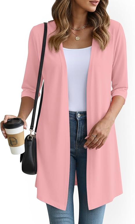 Women's Pink 3/4 Sleeve Open Front Long Cardigan