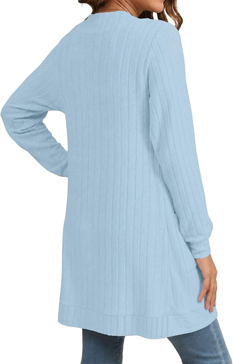 Women's Lightweight Long Open Front Ribbed Cardigan with Pockets
