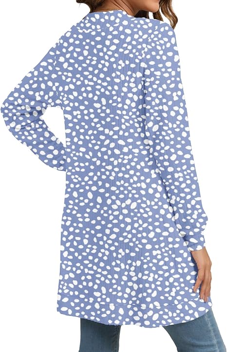 Women's Lightweight Long Open Front Spotted Print Cardigan with Pockets