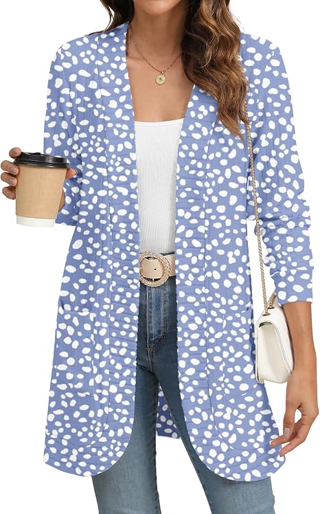 Women's Lightweight Long Open Front Spotted Print Cardigan with Pockets
