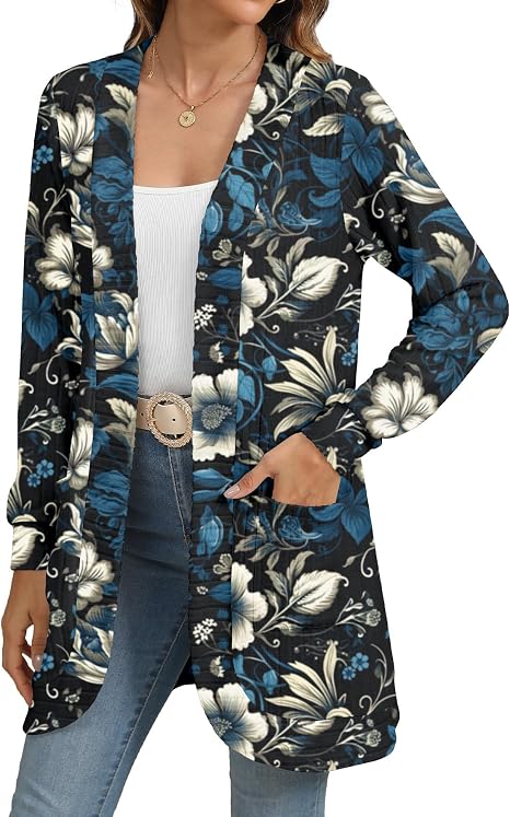 Women's Navy Floral Print Long Open Front Cardigan with Pockets