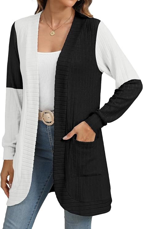 Women's Lightweight Long Open Front Color Block Cardigan with Pockets