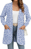 Women's Lightweight Long Open Front Spotted Print Cardigan with Pockets