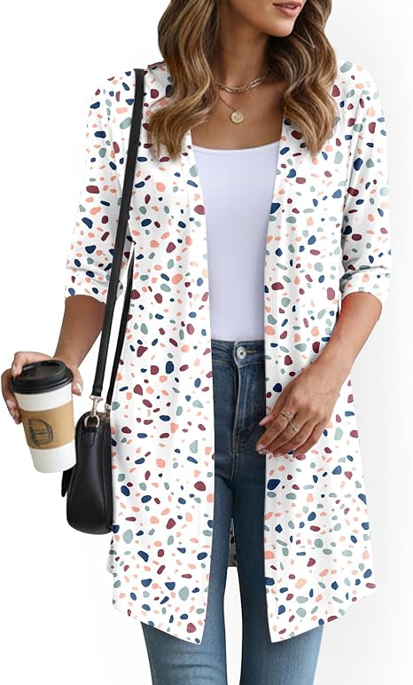 Women's Lightweight 3/4 Sleeve Open Front Spotted Print Cardigan