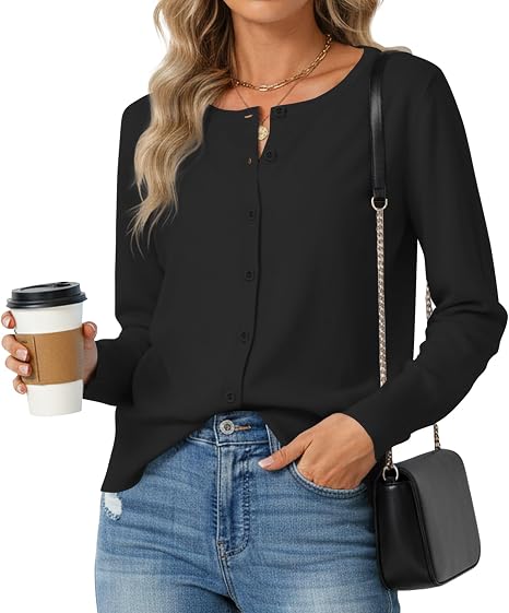 Women's Lightweight Long Sleeve Button Front Crew Neck Cardigan