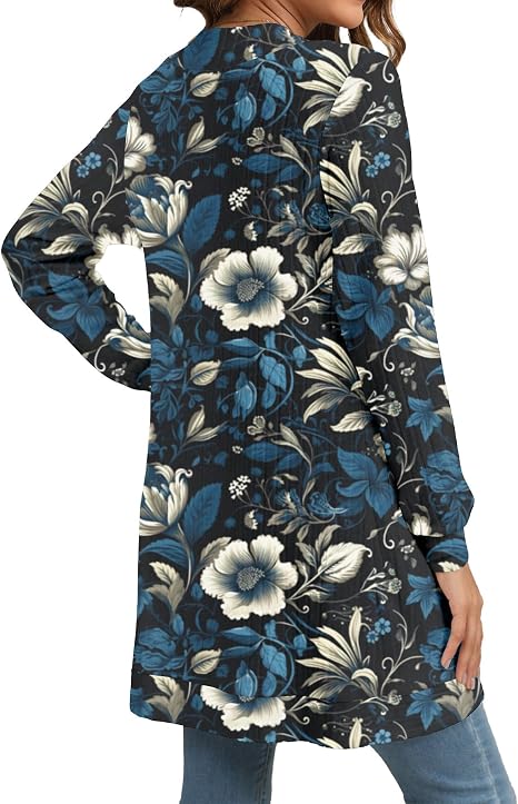 Women's Navy Floral Print Long Open Front Cardigan with Pockets