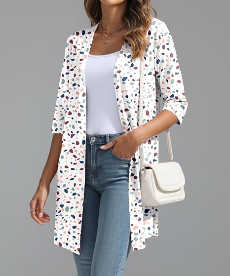 Women's Lightweight 3/4 Sleeve Open Front Spotted Print Cardigan
