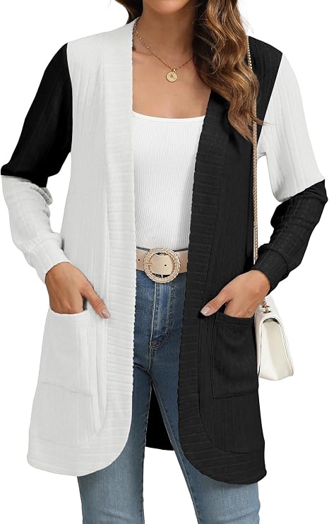 Women's Lightweight Long Open Front Color Block Cardigan with Pockets