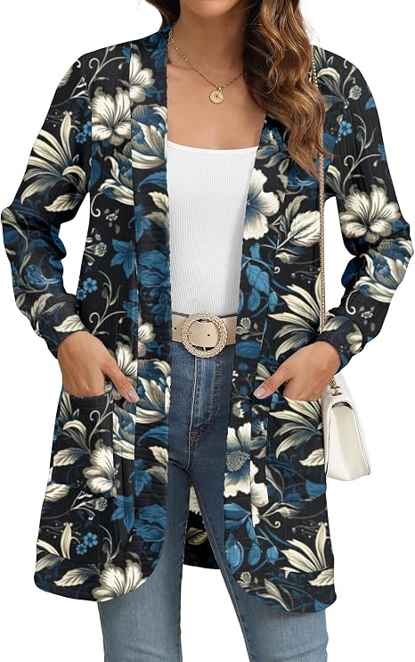 Women's Navy Floral Print Long Open Front Cardigan with Pockets