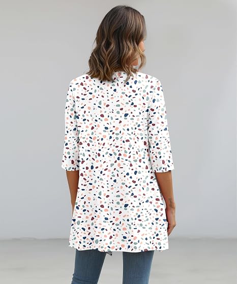 Women's Lightweight 3/4 Sleeve Open Front Spotted Print Cardigan