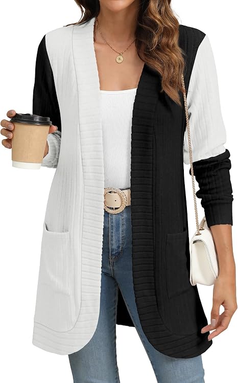 Women's Lightweight Long Open Front Color Block Cardigan with Pockets