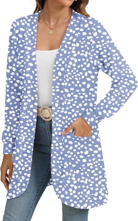 Women's Lightweight Long Open Front Spotted Print Cardigan with Pockets