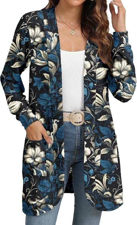 Women's Navy Floral Print Long Open Front Cardigan with Pockets