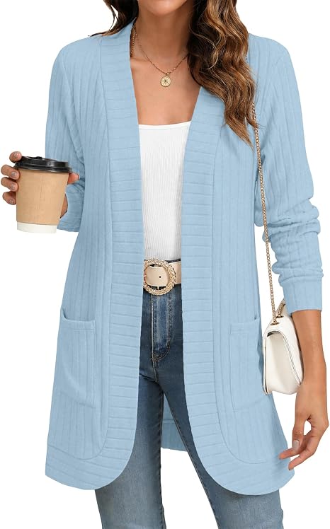 Women's Lightweight Long Open Front Ribbed Cardigan with Pockets