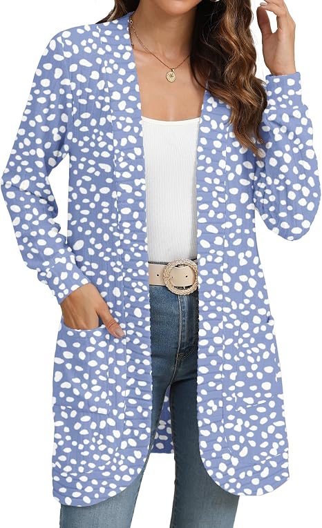 Women's Lightweight Long Open Front Spotted Print Cardigan with Pockets