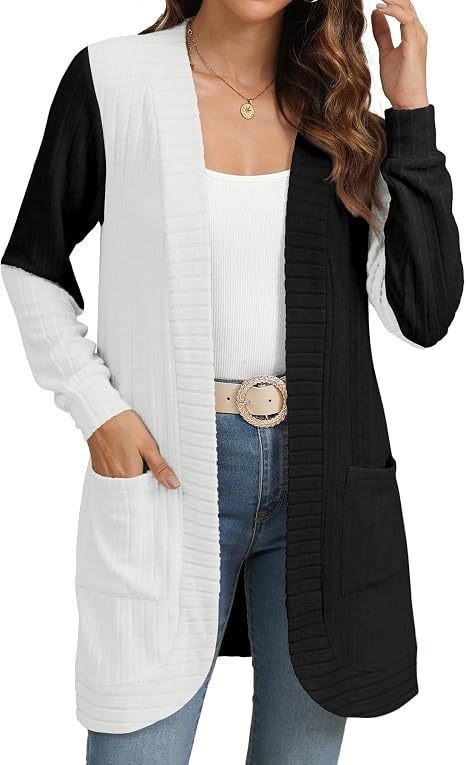 Women's Lightweight Long Open Front Color Block Cardigan with Pockets