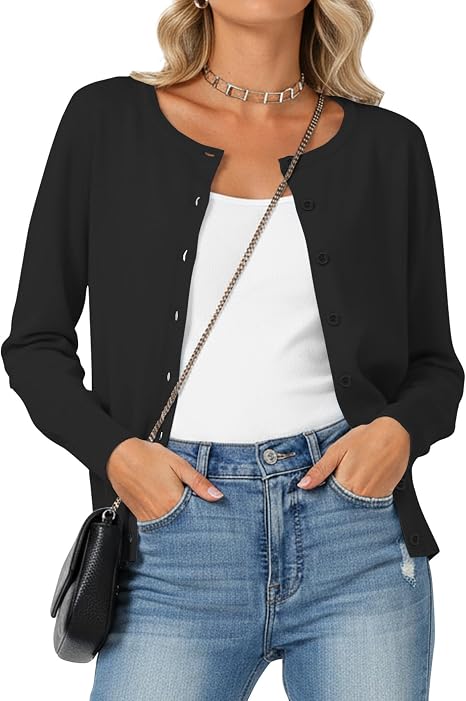 Women's Lightweight Long Sleeve Button Front Crew Neck Cardigan