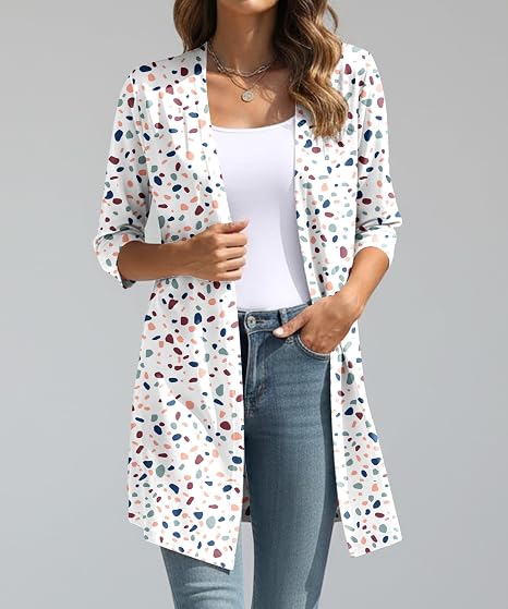 Women's Lightweight 3/4 Sleeve Open Front Spotted Print Cardigan