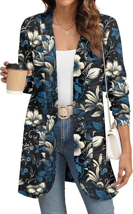 Women's Navy Floral Print Long Open Front Cardigan with Pockets