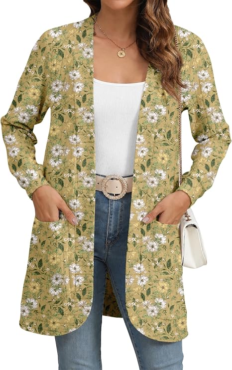 Women's Yellow Floral Print Long Open Front Cardigan with Pockets