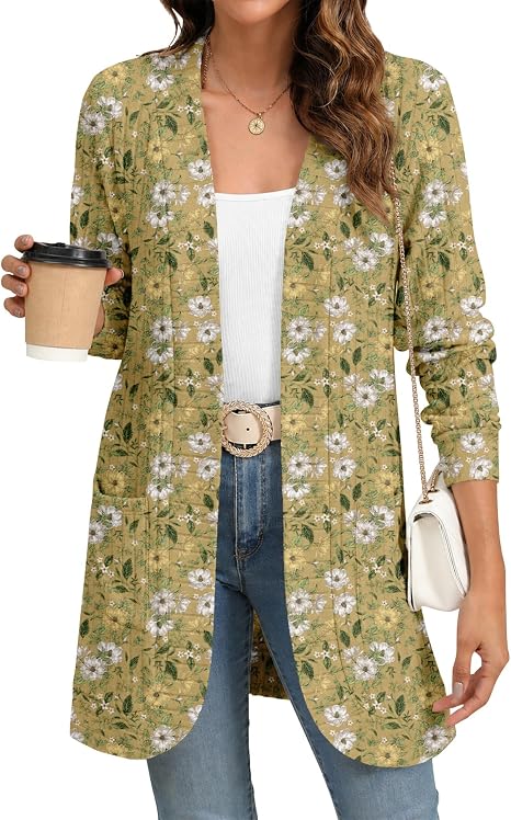 Women's Yellow Floral Print Long Open Front Cardigan with Pockets