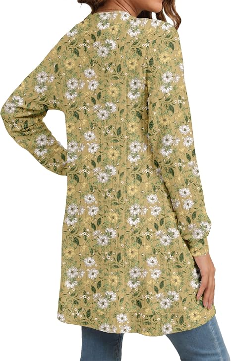 Women's Yellow Floral Print Long Open Front Cardigan with Pockets
