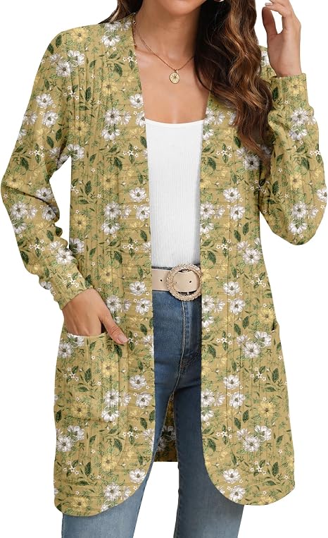 Women's Yellow Floral Print Long Open Front Cardigan with Pockets