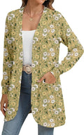 Women's Yellow Floral Print Long Open Front Cardigan with Pockets